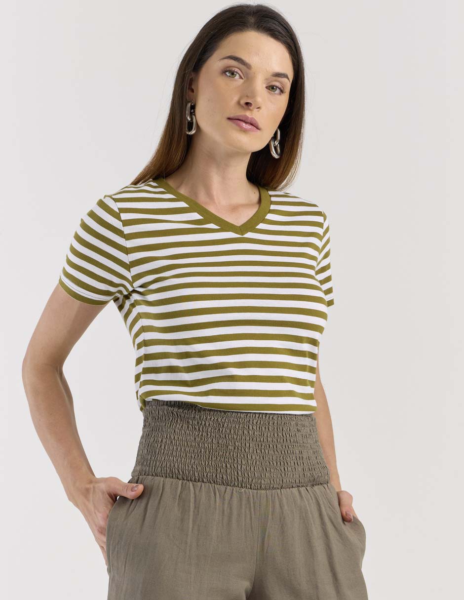 Playera manga corta cuello V para mujer