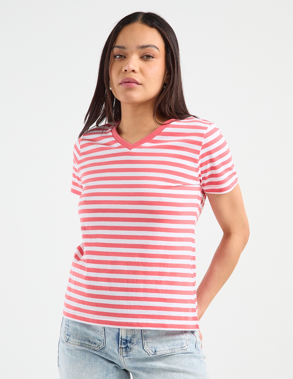 Playera manga corta cuello V para mujer