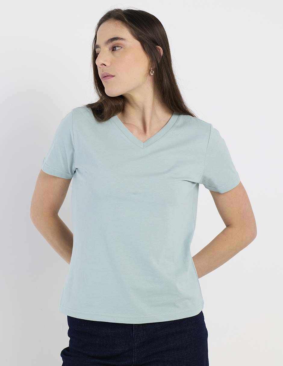 Playera manga corta cuello V para mujer